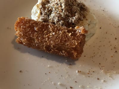 Crispy fried croquette on white plate