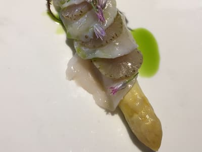 Scallop Wrapped White Asparagus Plating