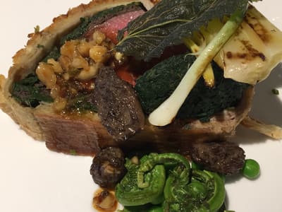 Plated Beef Wellington with Spring Garnishes