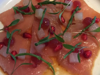 Cured Fish Carpaccio with Pomegranate and Greens