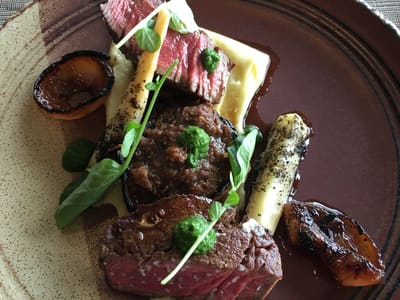 Seared Steak with Vegetables on Ceramic Plate