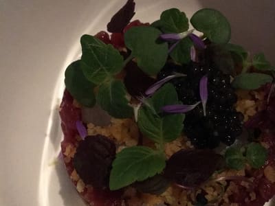 Gourmet beef tartare with caviar presentation