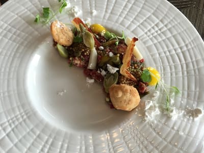 Gourmet plated appetizer on textured dinnerware