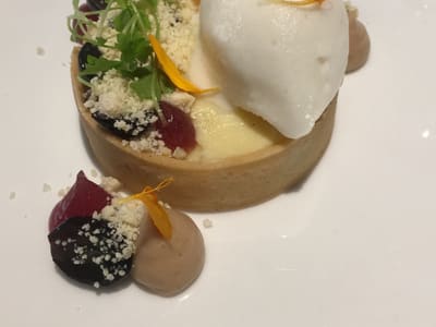 Elegant plated tart with sorbet and garnishes