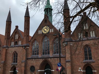Brick Gothic church facade in European city