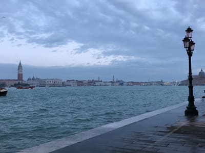 Venice waterfront at dusk with lampposts