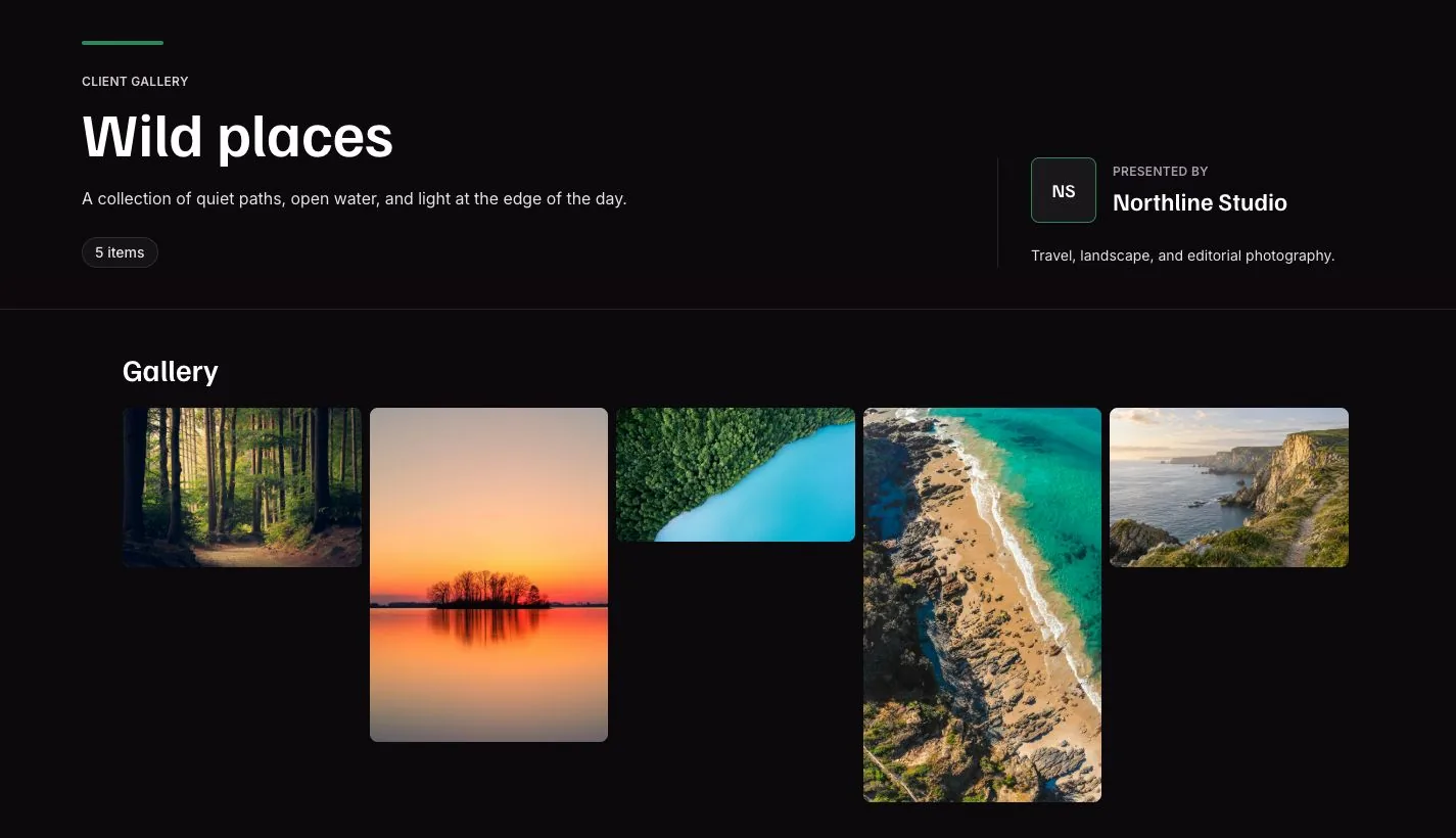 A Photonfolio client gallery showing landscape photography